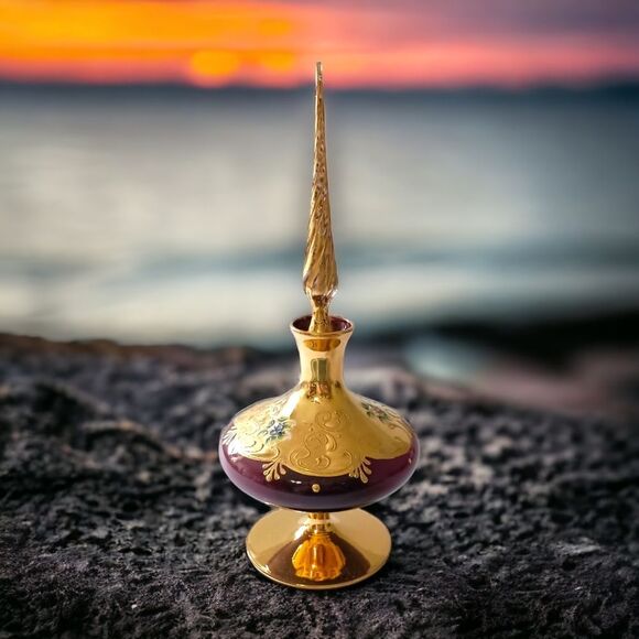 Ardalt Italy Perfume Bottle Amethyst Glass Stopper Lenwile Gold Painted Vintage. - Picture 14 of 16